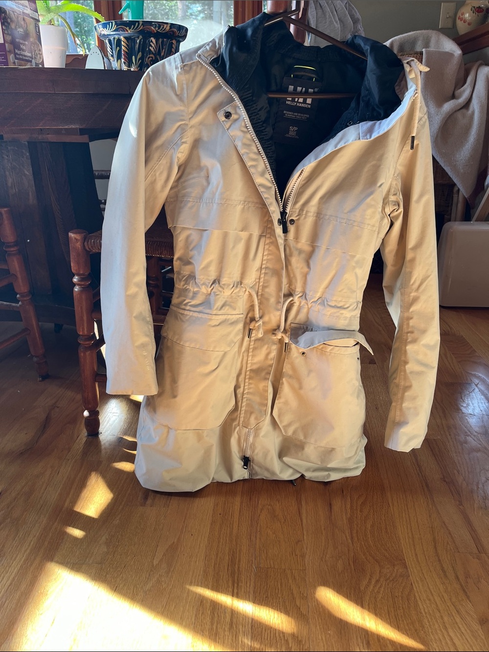 Helly Hansen Cream Hooded Trench Coat with Drawstring Waist
